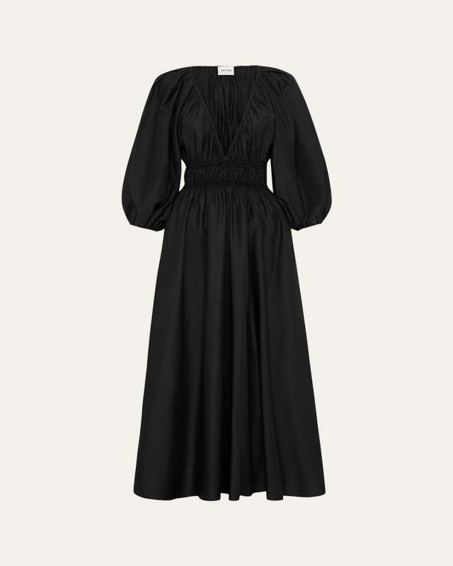 Shirred Plunge Balloon-Sleeve Mini Dress
